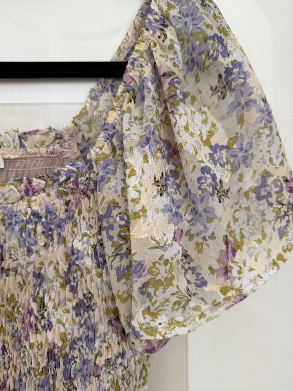 Astr Floral Smocked Puff-Sleeve Blouse in Cream, Lavender & Green - Picture 2 of 3
